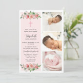 Pink Floral MultiphotoBaptisme voor meisjes Kaart (Staand voorkant)