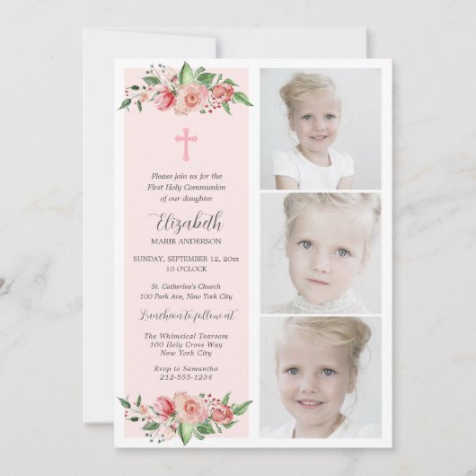 Pink Floral multiphotofirst Commune voor meisjes Kaart (Voorkant)