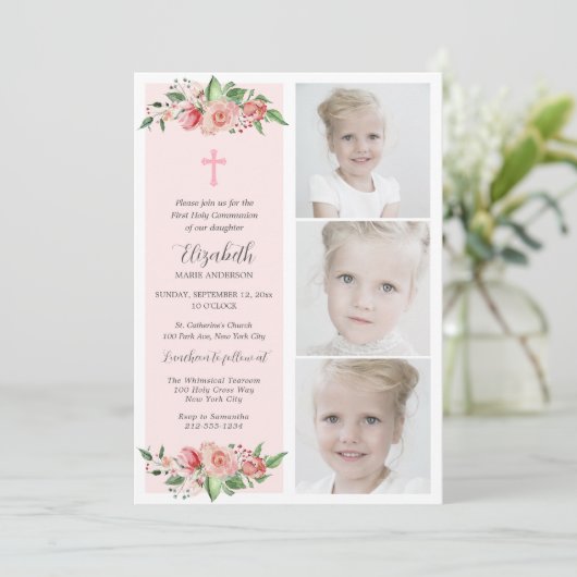 Pink Floral multiphotofirst Commune voor meisjes Kaart (Staand voorkant)