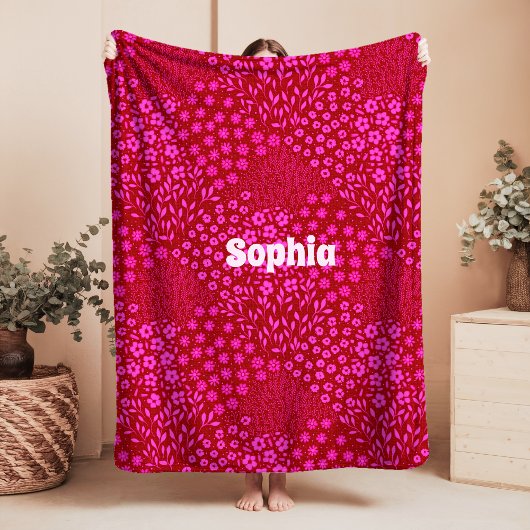 Pink Floral Name Sherpa Blanket Grandmillennial Deken