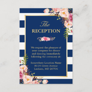 Pink Floral Navy Blue Stripes Wedding Reception Informatiekaartje