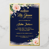 Pink Floral Navy Quinceanera Birthday Folie Uitnodiging (Voorkant)