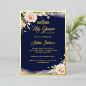 Pink Floral Navy Quinceanera Birthday Folie Uitnodiging (Staand Voorkant)