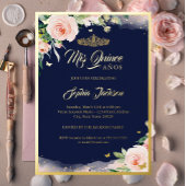 Pink Floral Navy Quinceanera Birthday Folie Uitnodiging