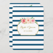 Pink Floral Navy Stripes Gold Wedding Invitation Kaart (Voorkant / Achterkant)