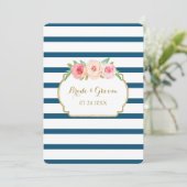 Pink Floral Navy Stripes Gold Wedding Invitation Kaart (Staand voorkant)