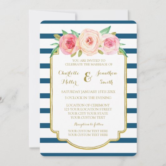 Pink Floral Navy Stripes Gold Wedding Invitation Kaart (Achterkant)