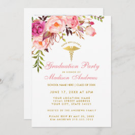 Pink Floral Nurse Afstudeerder Party Invite - Acht Kaart