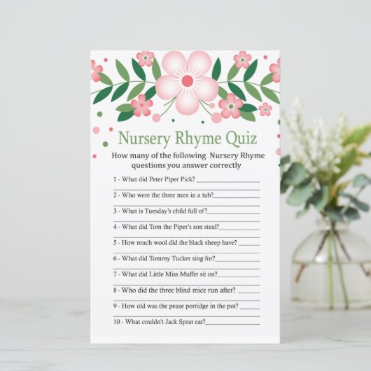 Pink Floral Nursery Rhyme Quiz baby shower game (Staand voorkant)
