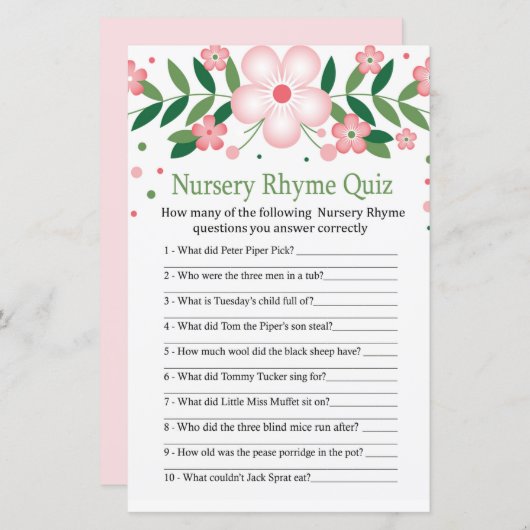 Pink Floral Nursery Rhyme Quiz baby shower game (Voorkant / Achterkant)