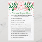 Pink Floral Nursery Rhyme Quiz baby shower game (Voorkant)