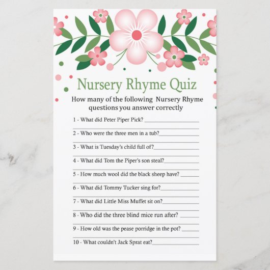 Pink Floral Nursery Rhyme Quiz baby shower game (Voorkant)
