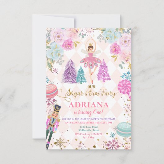 Pink Floral Nutcracker Our Sugar Plum Birthday Kaart (Voorkant)