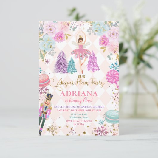 Pink Floral Nutcracker Our Sugar Plum Birthday Kaart (Staand voorkant)