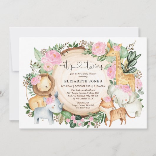 Pink Floral Oerwoud Safari Twin Girl Baby shower Kaart (Voorkant)