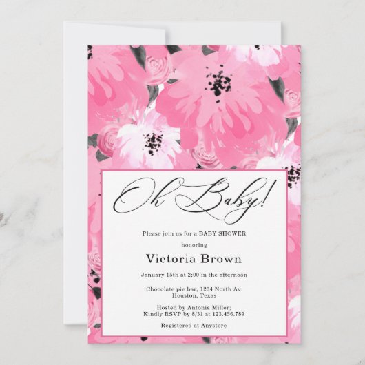 Pink Floral Oh Baby Shower Invitation Kaart (Voorkant)