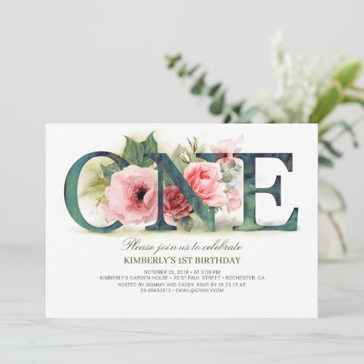 Pink Floral ONE | 1e uitnodiging voor verjaardagsf (Staand voorkant)