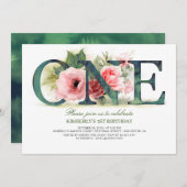 Pink Floral ONE | 1e uitnodiging voor verjaardagsf (Voorkant / Achterkant)