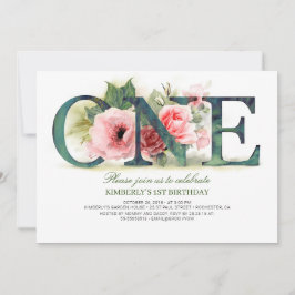 Pink Floral ONE | 1e uitnodiging voor verjaardagsf