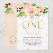 Pink Floral Onederful Girls Birthday Uitnodiging (Voorkant / Achterkant)