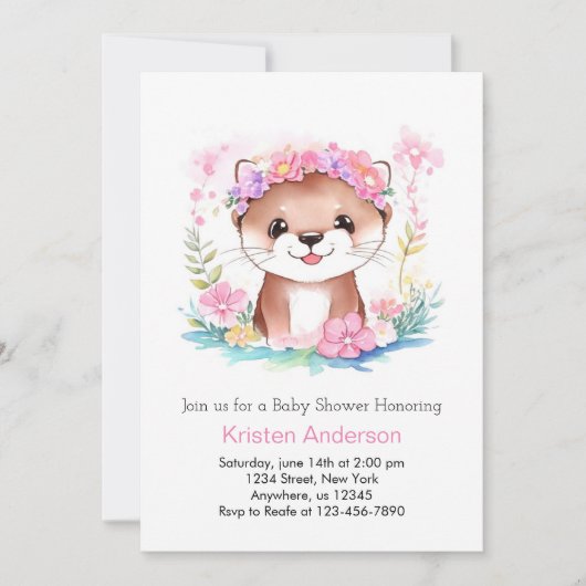 Pink Floral Otter's Dreamscape Meisje Baby shower Kaart (Voorkant)