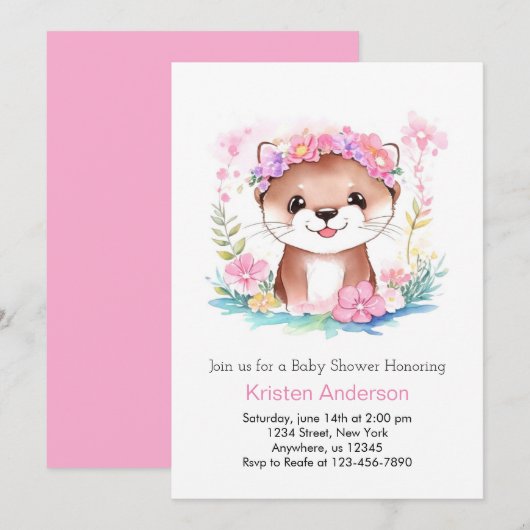 Pink Floral Otter's Dreamscape Meisje Baby shower Kaart (Voorkant / Achterkant)