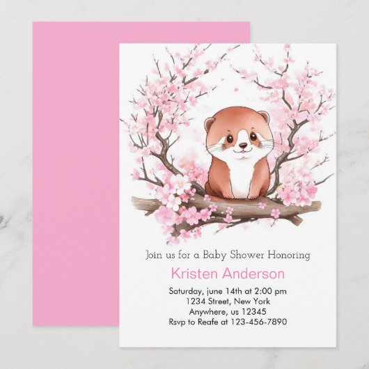 Pink Floral Otter's Joyful Haven Meisje Baby showe Kaart (Voorkant / Achterkant)