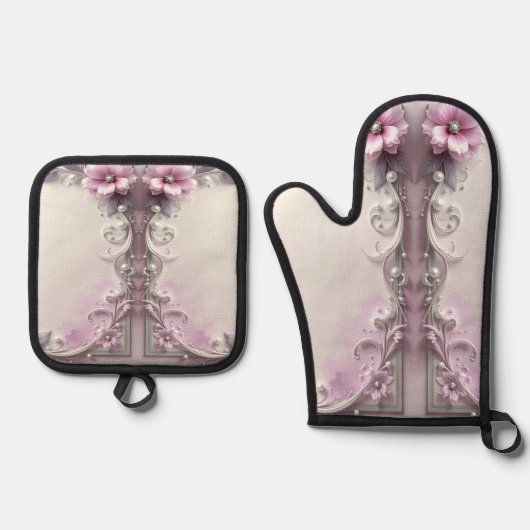 Pink Floral Oven Mitt & Pot Holder Set (Voorkant)