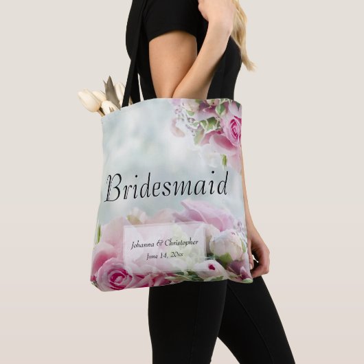 Pink Floral over Blauwgroen bruidsmeisje Tote Bag (Dichtbij)