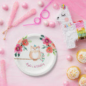 Pink Floral Owl Birthday Papieren Bordje (Feest)