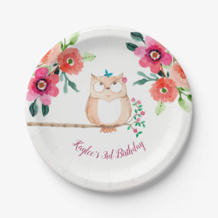 Pink Floral Owl Birthday Papieren Bordje