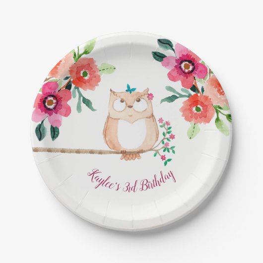 Pink Floral Owl Birthday Papieren Bordje (Voorkant)