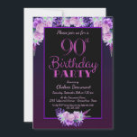 Pink Floral Paars 90th Birthday Party Kaart<br><div class="desc">Een zwarte met paarse en roze floral 90th verjaardagsfeest uitnodiging.</div>
