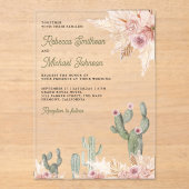Pink Floral Pampas Cactus Wedding Acryl Uitnodigingen (Voorkant)