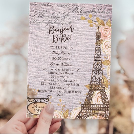 Pink Floral Paris Baby shower Bedankkaart