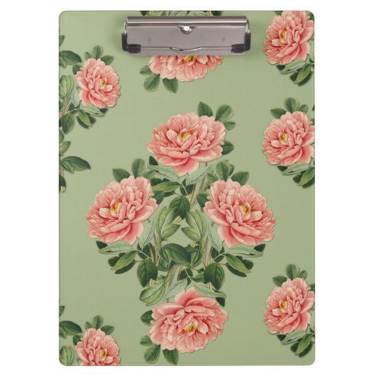 Pink Floral Pattern on Green Background | Seamless Klembord (Voorkant)