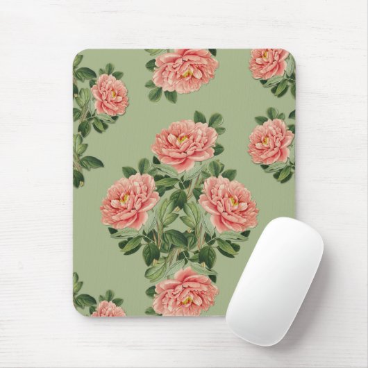 Pink Floral Pattern on Green Background | Seamless Muismat (Met muis)