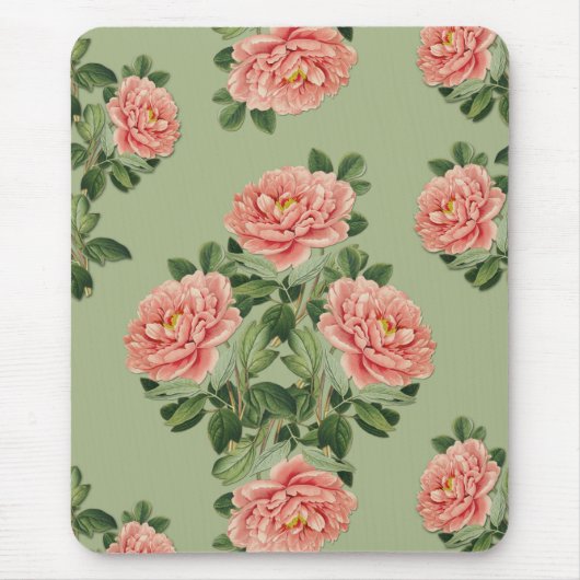 Pink Floral Pattern on Green Background | Seamless Muismat (Voorkant)
