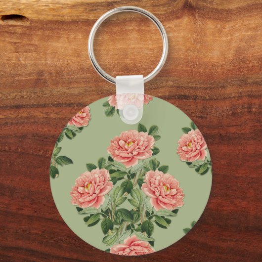 Pink Floral Pattern on Green Background | Seamless Sleutelhanger (Voorkant)