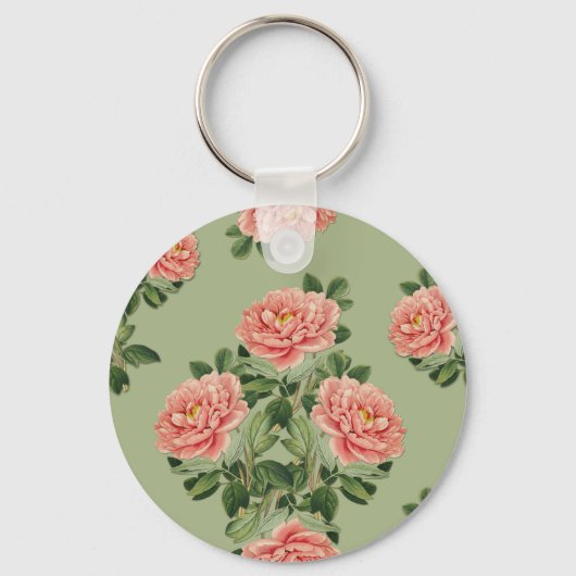 Pink Floral Pattern on Green Background | Seamless Sleutelhanger (Achterkant)