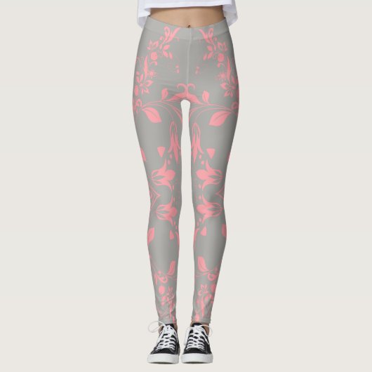 Pink Floral Pattern on Grey Women's Workout Leggings (Voorkant)