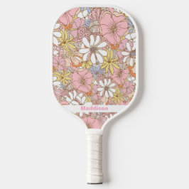 Pink Floral Pattern Personalized Name Cute Pickleball Paddle