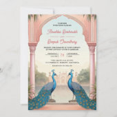 Pink Floral Peacocks Royal Indian Palace Wedding Kaart (Voorkant)