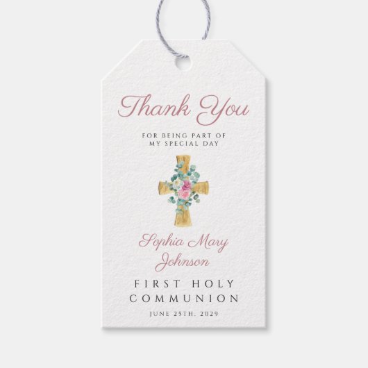 Pink Floral Peonies Cross First Community Cadeaulabel (Voorkant)