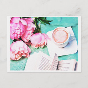 Pink Floral Peony Cozy Latte Waterverf Briefkaart