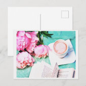 Pink Floral Peony Cozy Latte Waterverf Briefkaart (Voorkant / Achterkant)