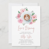 Pink Floral Peony "Love is Brewing" Bridal Brunch Kaart (Voorkant)
