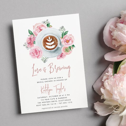 Pink Floral Peony "Love is Brewing" Bridal Brunch Kaart