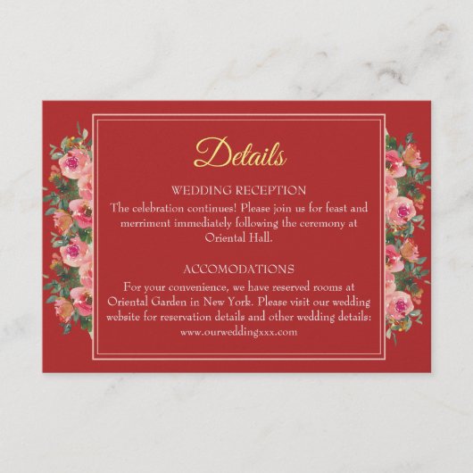 Pink floral peony modern chinese trouwgegevens informatiekaartje (Voorkant)