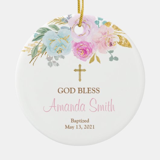 Pink Floral Personalized Girl Baptism Ornament (Voorkant)